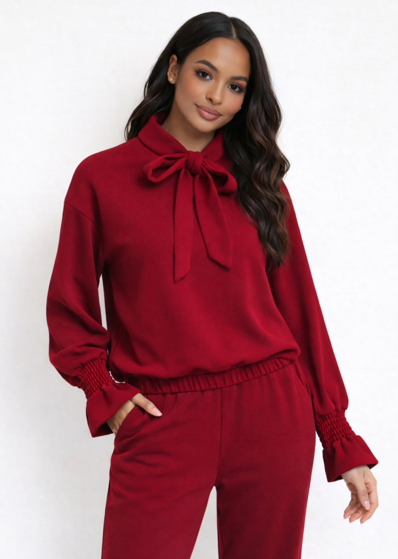 FRANCISCA Burgundy Tie Neck Detail Top & Pants Co-Ord