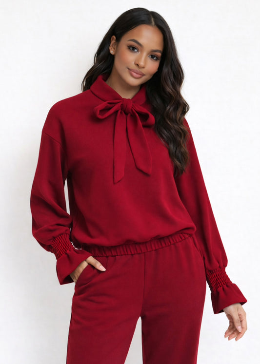 FRANCISCA Burgundy Tie Neck Detail Top & Pants Co-Ord